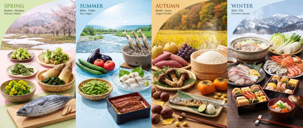 Horizontal panorama showing Japanese seasonal food calendar flowing through four seasons: spring's bitter mountain vegetables, bamboo shoots, and first bonito; summer's cooling cucumbers, grilled ayu, hamo, and eel; autumn's abundant sanma, matsutake, persimmons, and steaming new rice; winter's warming nabe hot pot with yellowtail, crab, and osechi New Year boxes, illustrating the twenty-four sekki solar terms as an edible calendar.