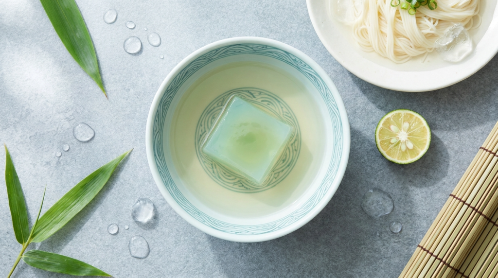 A pale green translucent cube floating in crystal clear summer dashi broth in a patterned ceramic bowl, with cold somen noodles and sudachi citrus beside it.