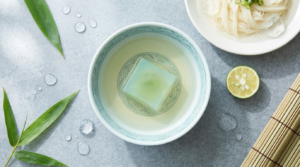 A pale green translucent cube floating in crystal clear summer dashi broth in a patterned ceramic bowl, with cold somen noodles and sudachi citrus beside it.