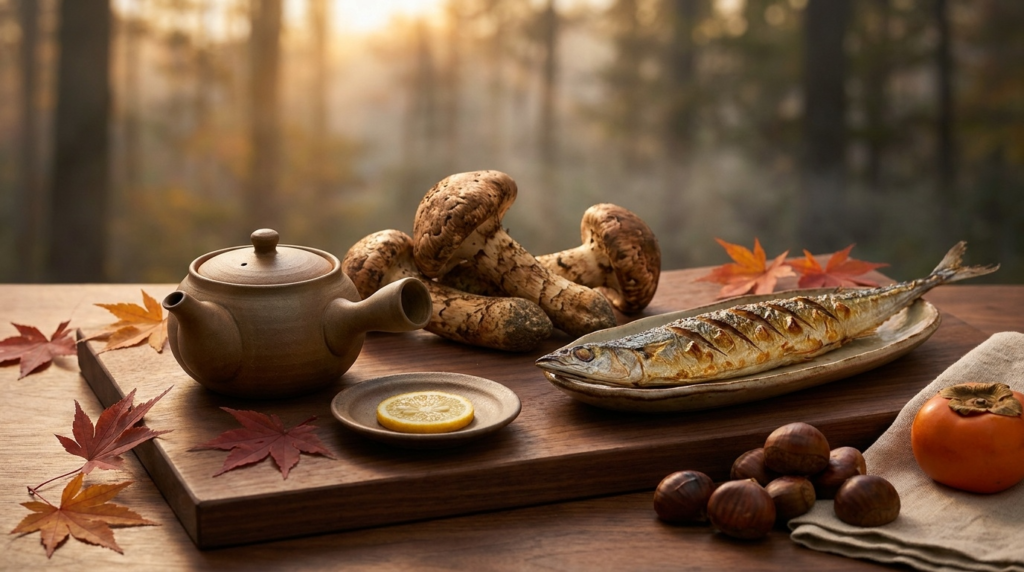 A ceramic dobin teapot beside whole matsutake mushrooms and grilled sanma arranged with maple leaves, chestnuts, and a persimmon on dark walnut.