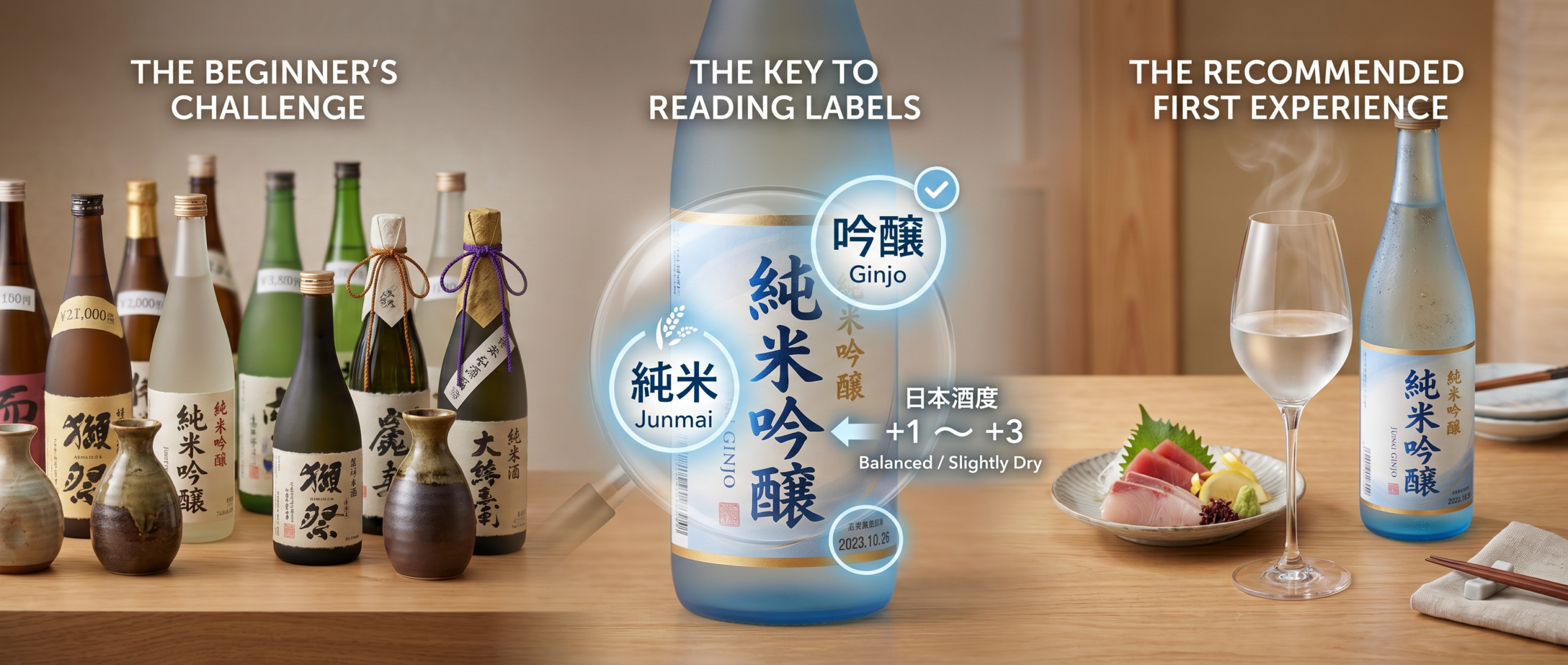 Beginner's guide to choosing sake showing diverse Japanese sake bottles with unfamiliar labels, close-up of decoded label highlighting key terms including Junmai Ginjo and Sake Meter Value 0 to +3, and proper serving of chilled aromatic ginjo in tulip wine glass with delicate Japanese food pairing.