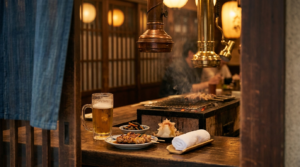 Foamy beer glass with yakitori skewers and small izakaya dishes on a worn wooden counter, warm lantern light glowing softly in the background.