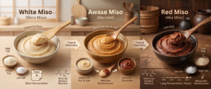 Spectrum of three miso types showing pale ivory white miso, medium amber awase blended miso, and deep red-brown aged miso in traditional bowls, demonstrating the fermentation continuum from high-koji short-aged sweetness to low-koji long-aged savory depth with visible color gradient illustrating time made visible through Maillard reaction.