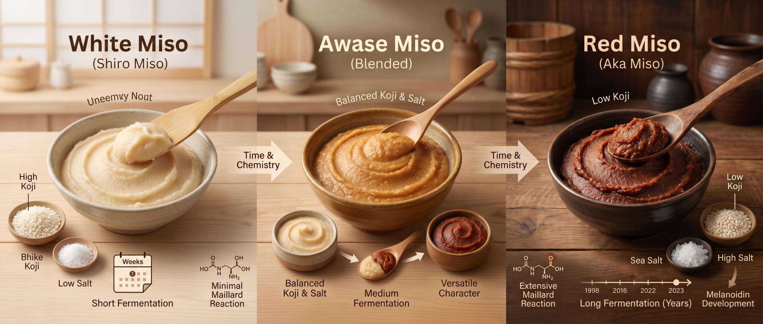 Spectrum of three miso types showing pale ivory white miso, medium amber awase blended miso, and deep red-brown aged miso in traditional bowls, demonstrating the fermentation continuum from high-koji short-aged sweetness to low-koji long-aged savory depth with visible color gradient illustrating time made visible through Maillard reaction.