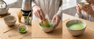 "Step-by-step matcha preparation showing traditional tools including chawan bowl, bamboo chasen whisk, and sifted vibrant green powder, demonstrating proper whisking technique with W-pattern motion, and finished usucha thin tea with smooth foam layer illustrating proper 70-80°C water temperature method."