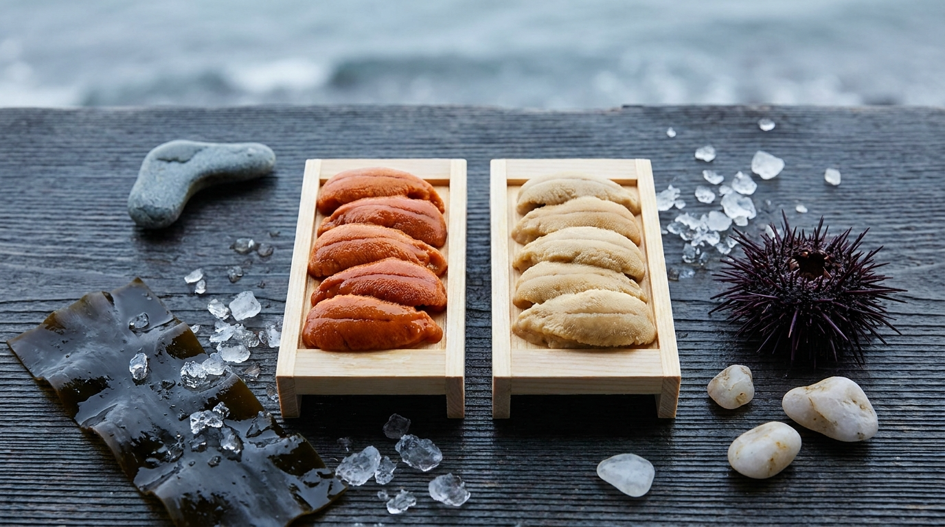 Two wooden trays of sea urchin roe, one deep orange and one pale cream-gold, beside fresh konbu kelp on a dark weathered cedar board.