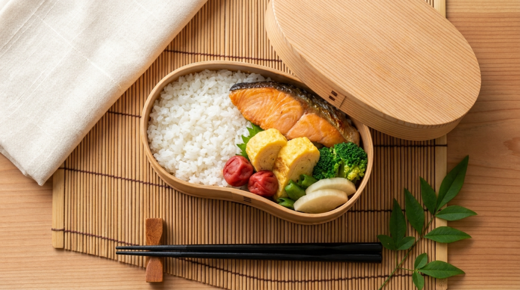 An open magewappa cedar bento box revealing glossy rice, grilled salmon, and tamagoyaki, with the cedar lid resting beside it on a bamboo mat.