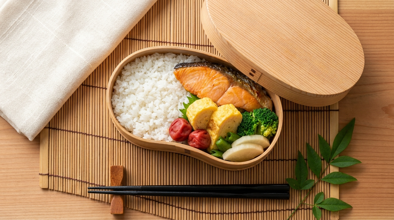 An open magewappa cedar bento box revealing glossy rice, grilled salmon, and tamagoyaki, with the cedar lid resting beside it on a bamboo mat.