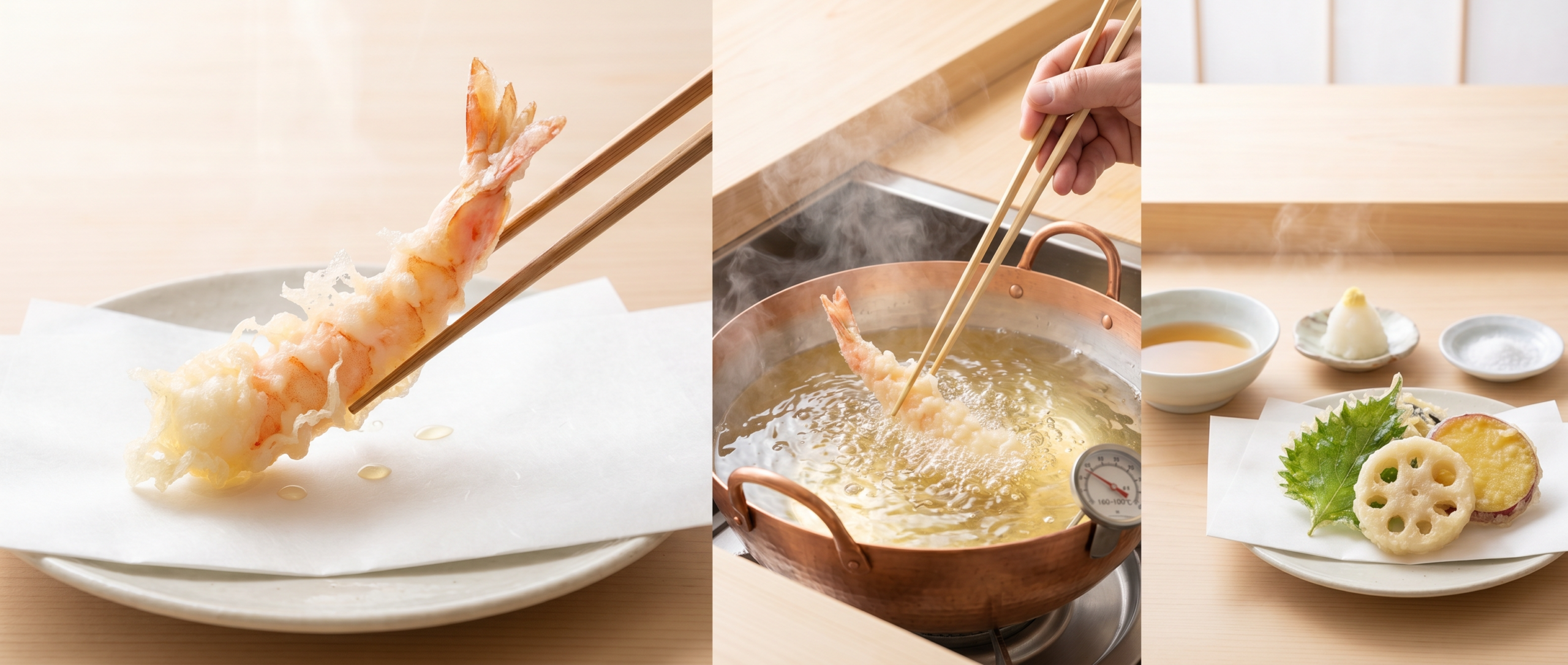 Three-part tempura composition showing weightless golden-coated prawn on white paper with translucent lacy batter, mid-fry piece in clean oil with vigorous steam bubbles demonstrating moisture removal, and minimal accompaniments of clear tentsuyu dipping sauce with grated daikon, illustrating Japanese frying as subtraction and restraint rather than addition.