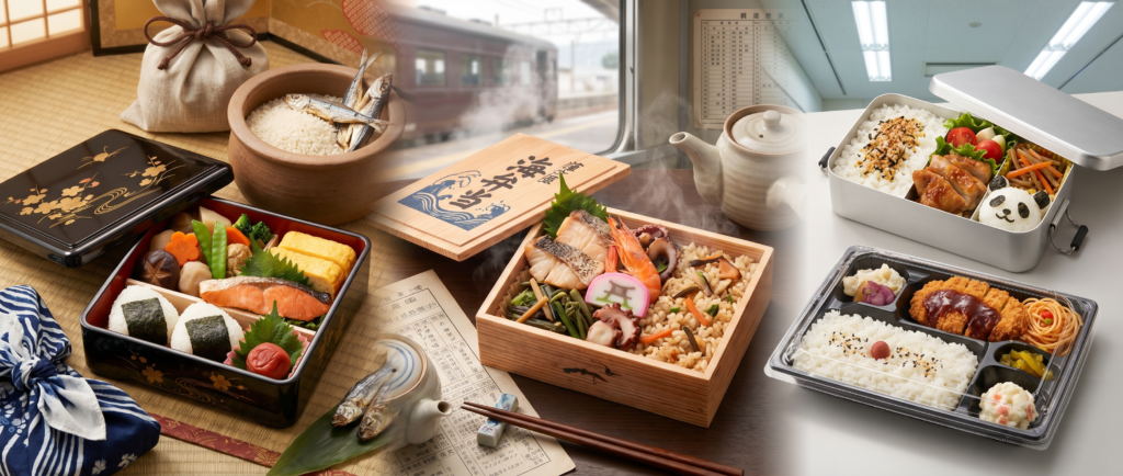 Three-part bento timeline showing traditional lacquered Edo-period makunouchi box with meticulously arranged rice, fish, and vegetables, Meiji-era ekiben station box with regional specialties, and modern plastic school/office bento with kyaraben character rice alongside convenience store tray, illustrating thousand-year evolution of Japanese portable meal philosophy from battlefield ration to composed everyday care.