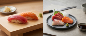Side-by-side comparison of sushi nigiri with fish on vinegared rice versus sashimi showing sliced raw fish without rice, accompanied by daikon garnish and soy sauce, illustrating the fundamental difference between the two Japanese dishes.