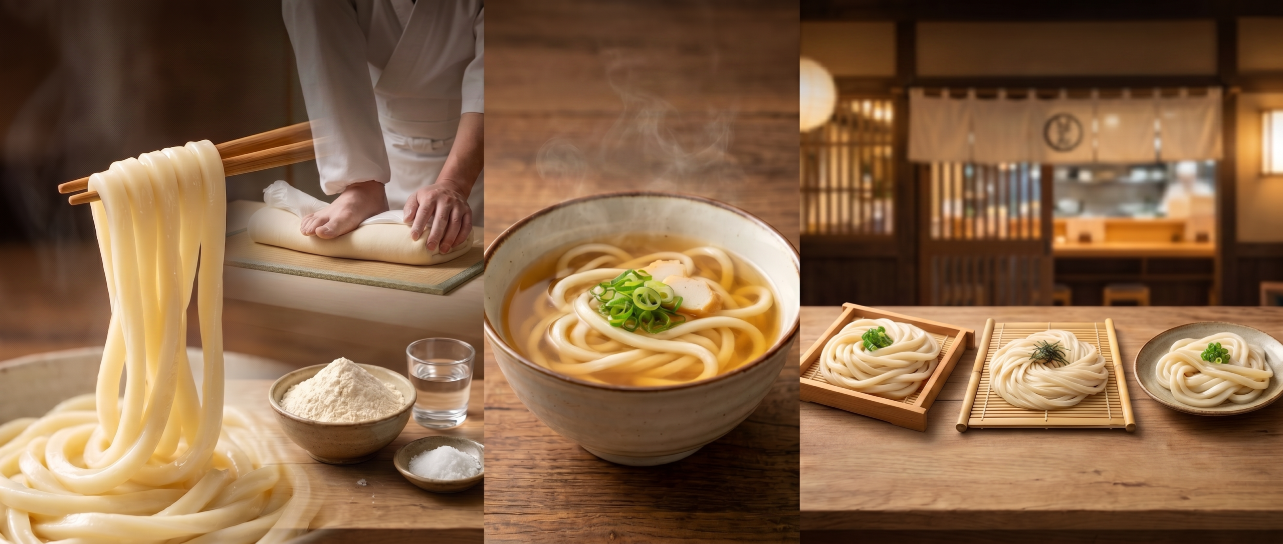 Three-part composition showing thick glossy udon noodles demonstrating koshi resilience and gluten structure, steaming bowl of kake udon in clear dashi broth with green onion, and regional varieties including firm Sanuki, delicate Inaniwa, and medium Mizusawa udon, illustrating wheat noodle comfort and craft.