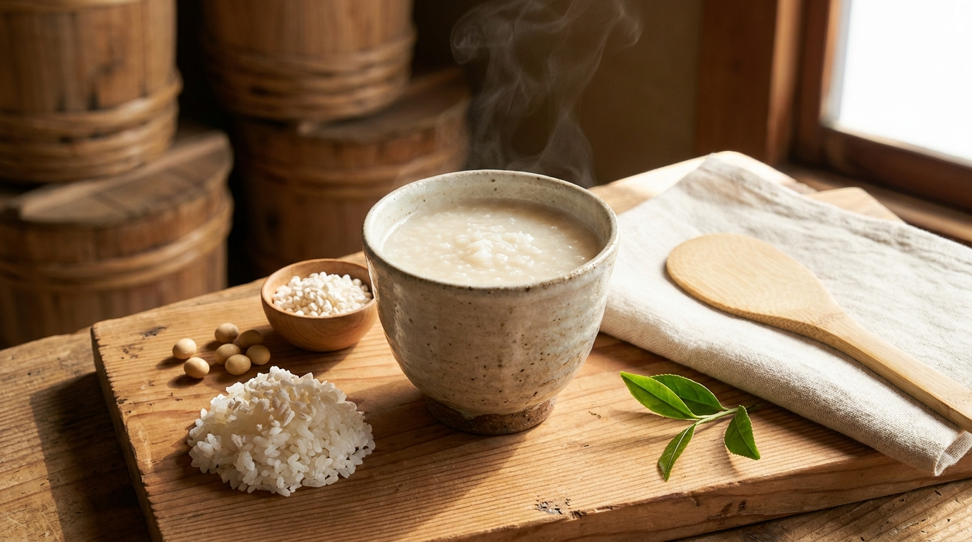A rustic ceramic cup of cloudy ivory amazake beside steamed rice topped with white koji, on a warm cedar board.