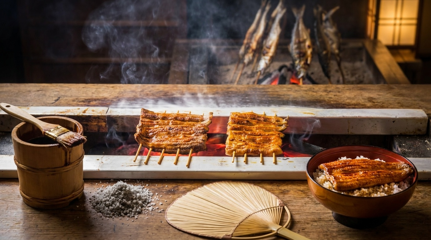 Two butterflied eels laid horizontally on bamboo skewers in kabayaki style, caramelizing in tare glaze above glowing binchotan charcoal, beside a bowl of unadon rice.