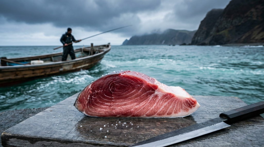 A fresh-cut cross-section of Pacific bluefin tuna showing crimson akami and rosy toro on a wet board, with a small boat and lone fisherman on the cold Tsugaru Strait behind.