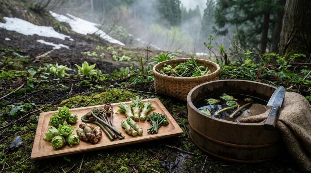 Freshly foraged fukinotō buds, coiled warabi fiddleheads, and zenmai crosiers arranged on a cedar tray beside a wooden bucket of dark wood-ash water.