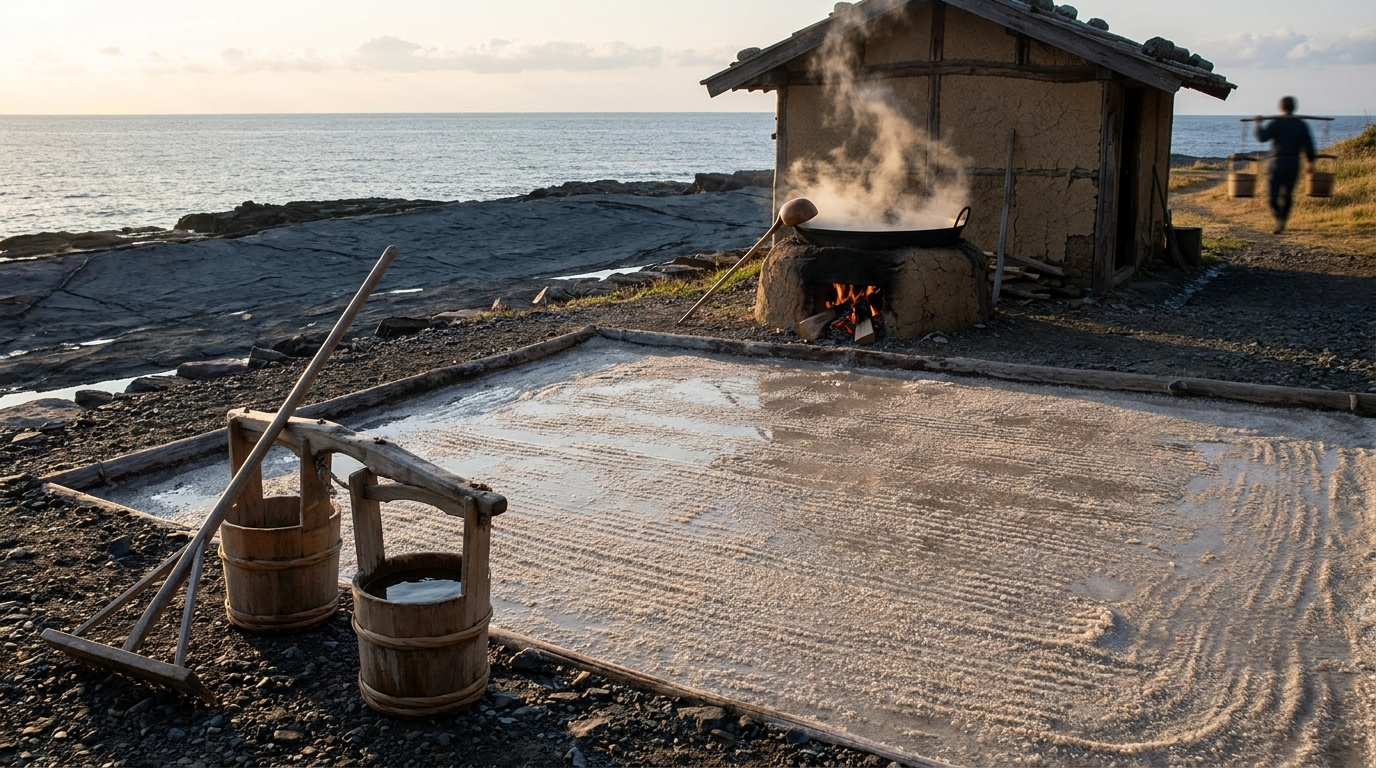 A small clay-and-sand salt field on the Noto coast with two wooden seawater buckets beside a low salt-boiling hut steaming over a wood fire at golden hour.