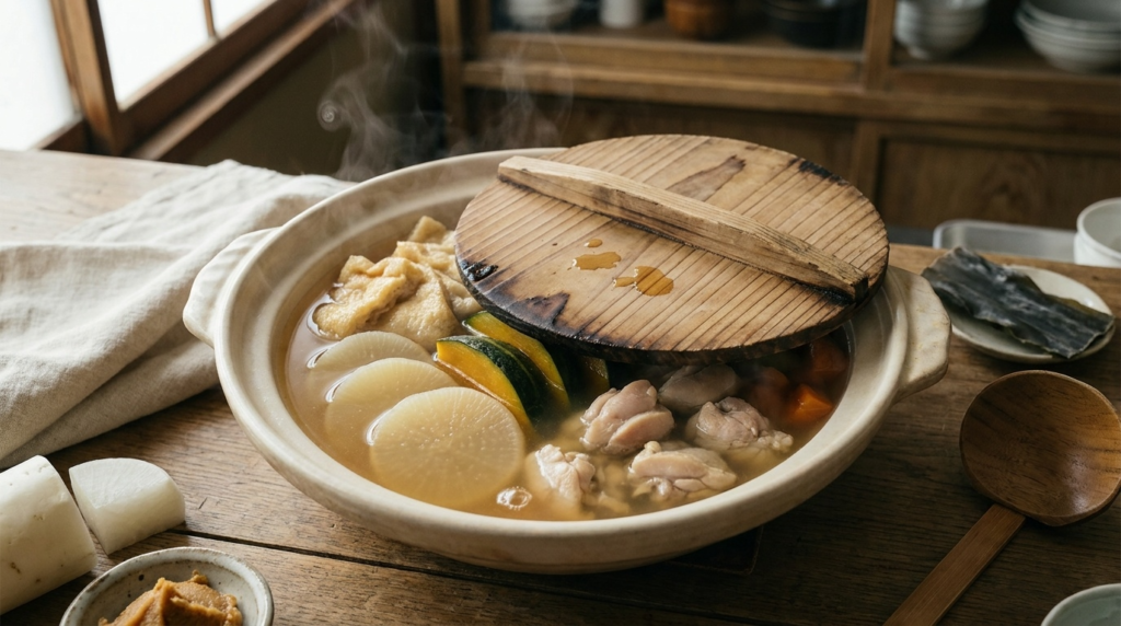A wide pot of pale dashi broth quietly simmering translucent daikon, pumpkin, and tofu beneath a weathered wooden otoshibuta lid.