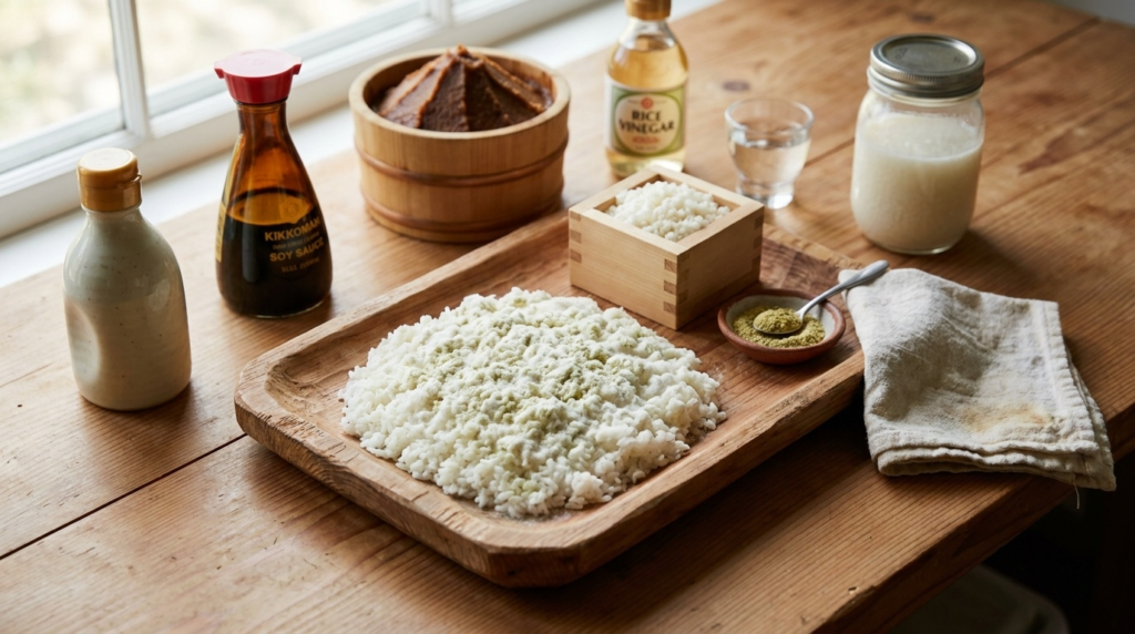 Steamed rice fully covered in white mycelium and pale-green koji spores, surrounded by miso, soy sauce, mirin, sake, vinegar, and amazake on a cedar workbench.
