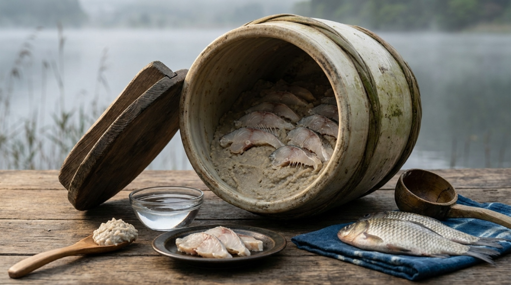 An open aged jar revealing pale crosswise slices of crucian carp in a grey-beige aged rice paste, with whole crucian carp and a small lake in soft focus behind.