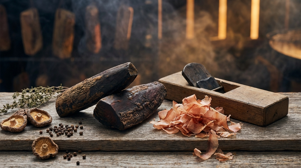 Two hard, dark mahogany blocks of finished katsuobushi beside a pile of curled translucent bonito flakes and a wooden kezuriki shaving plane on weathered cedar.