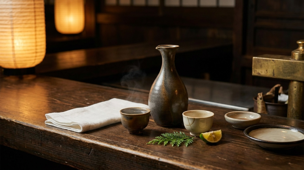 An antique tokkuri flask pouring warm sake into a small walnut-sized ochoko cup beside a soy sauce dish and appetizer plate on a dark cedar counter.