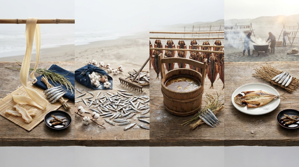 Four forms of Japanese dried seafood in a quiet timeline — pale abalone ribbon for shrines, sardines drying on sand for fertilizer, kusaya brine with split fish, and a modern ichiya-boshi grilled horse mackerel.